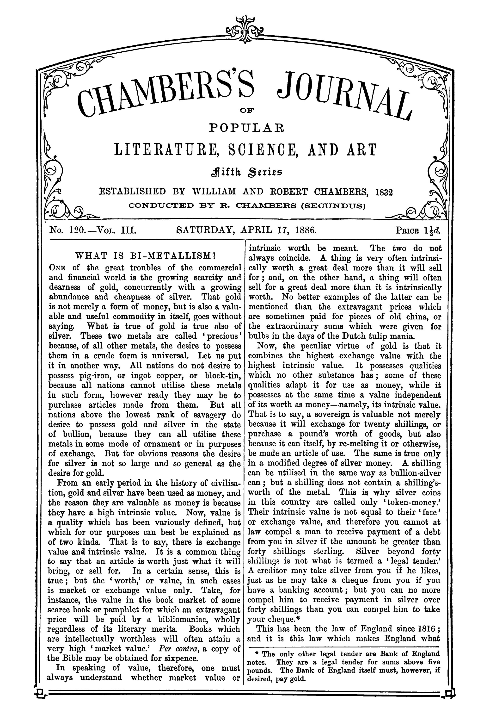 Popüler Edebiyat, Bilim ve Sanat Dergisi Chambers, beşinci seri, sayı 120, cilt III, 17 Nisan 1886