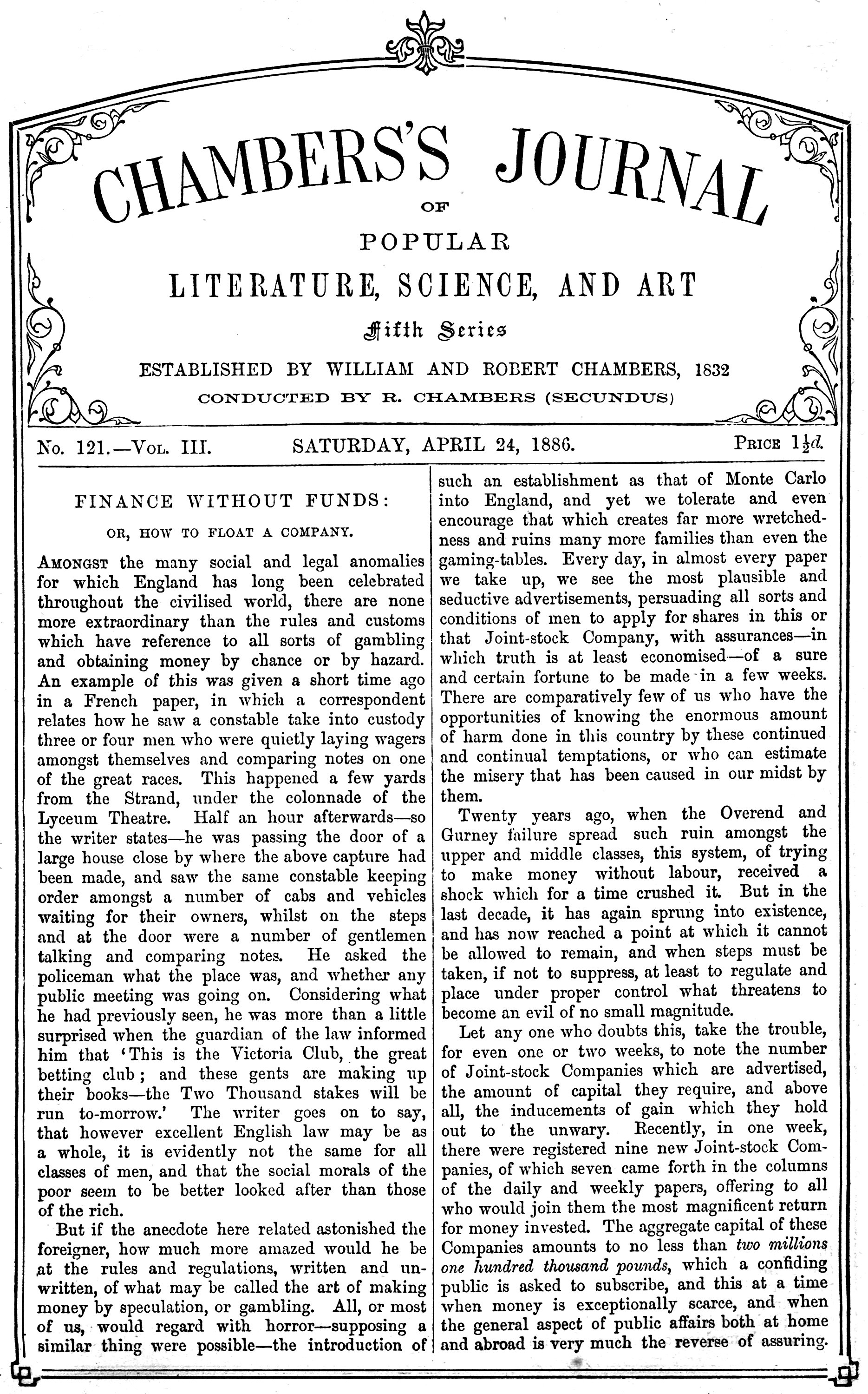 Chambers's Journal of Popular Literature, Science, and Art, fifth series, no. 121, vol. III, April 24, 1886