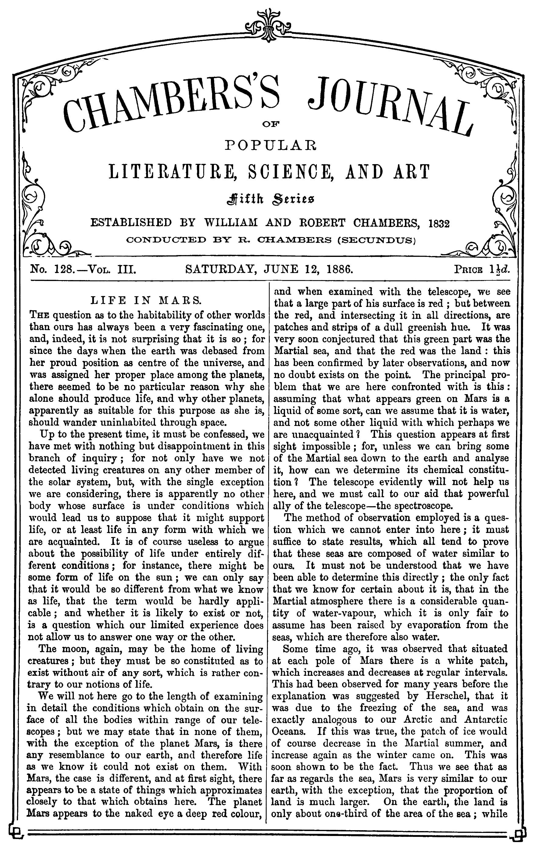 Chambers's Journal of Popular Literature, Science, and Art, fifth series, no. 128, vol. III, June 12, 1886