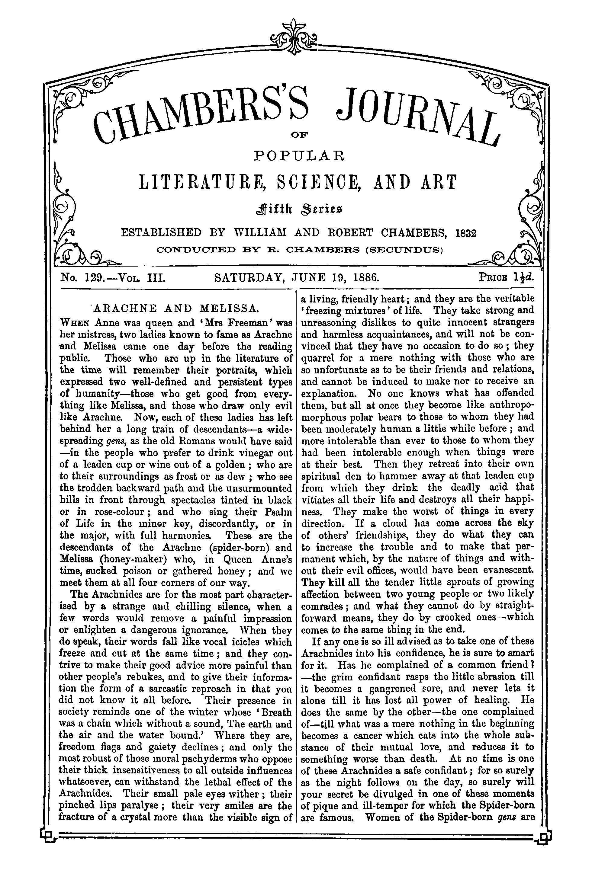 Chambers'ın Popüler Edebiyat, Bilim ve Sanat Dergisi, beşinci seri, sayı 129, cilt III, 19 Haziran 1886