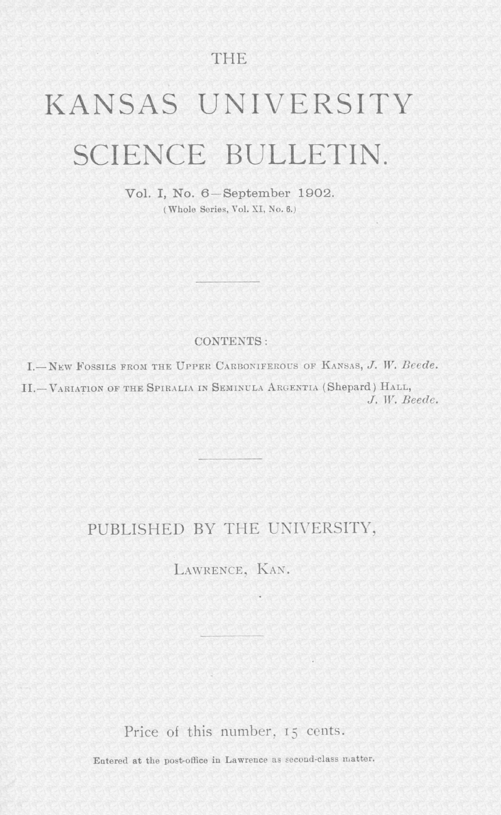 The Kansas University science bulletin, Vol. I, No. 6, September 1902