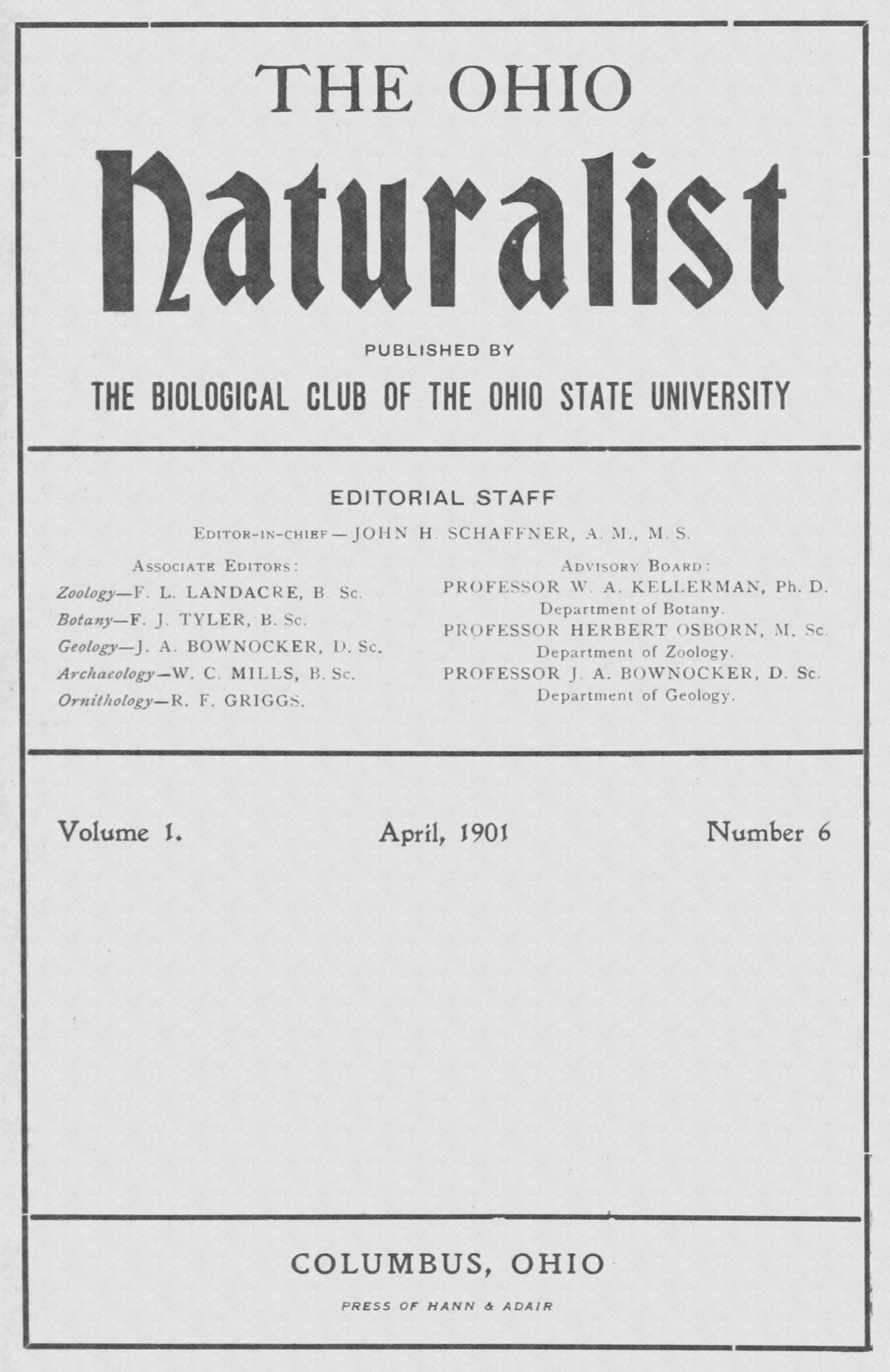 The Ohio naturalist, Vol. I, No. 6, April, 1901