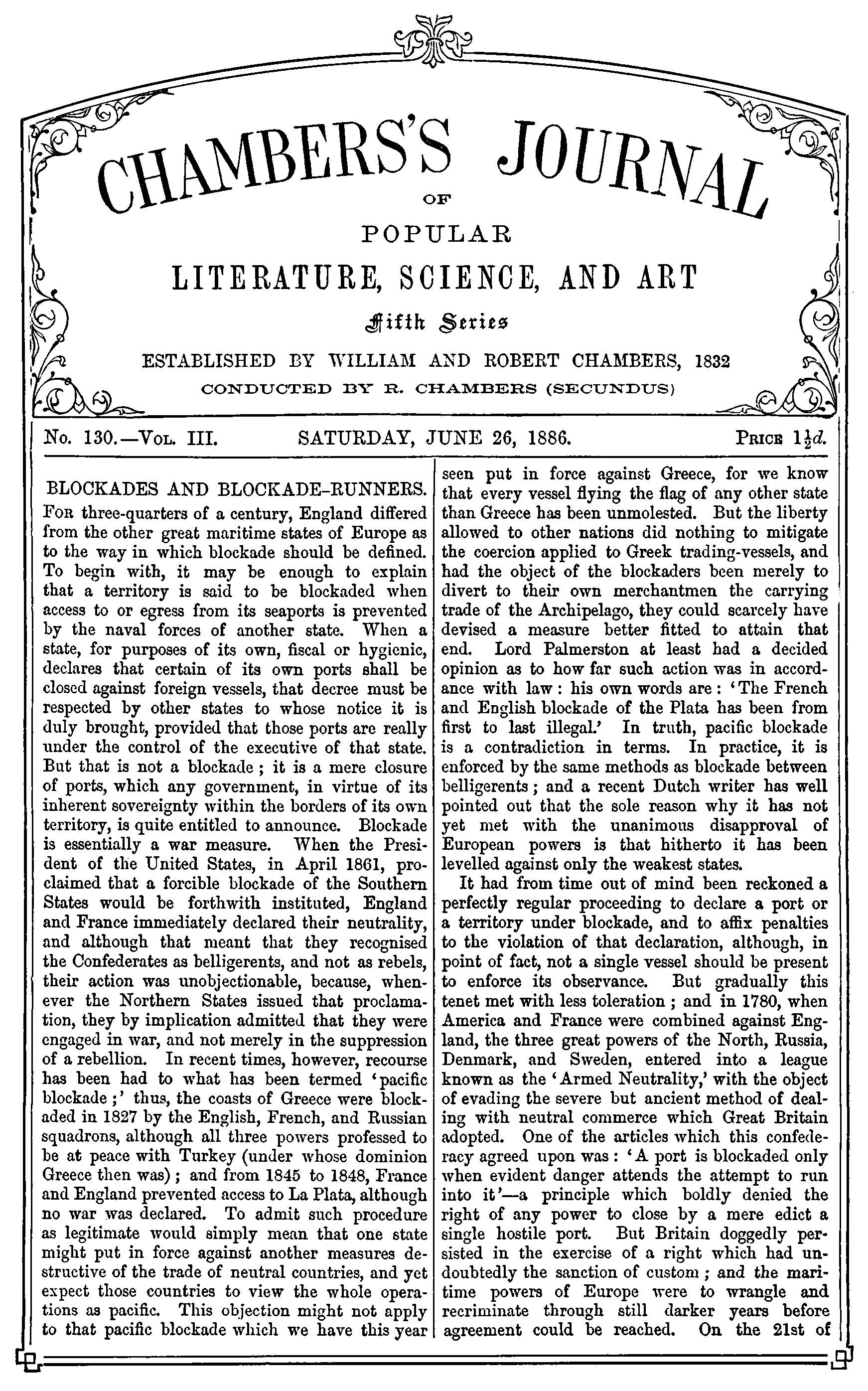 Chambers's Journal of Popular Literature, Science, and Art, fifth series, no. 130, vol. III, June 26, 1886