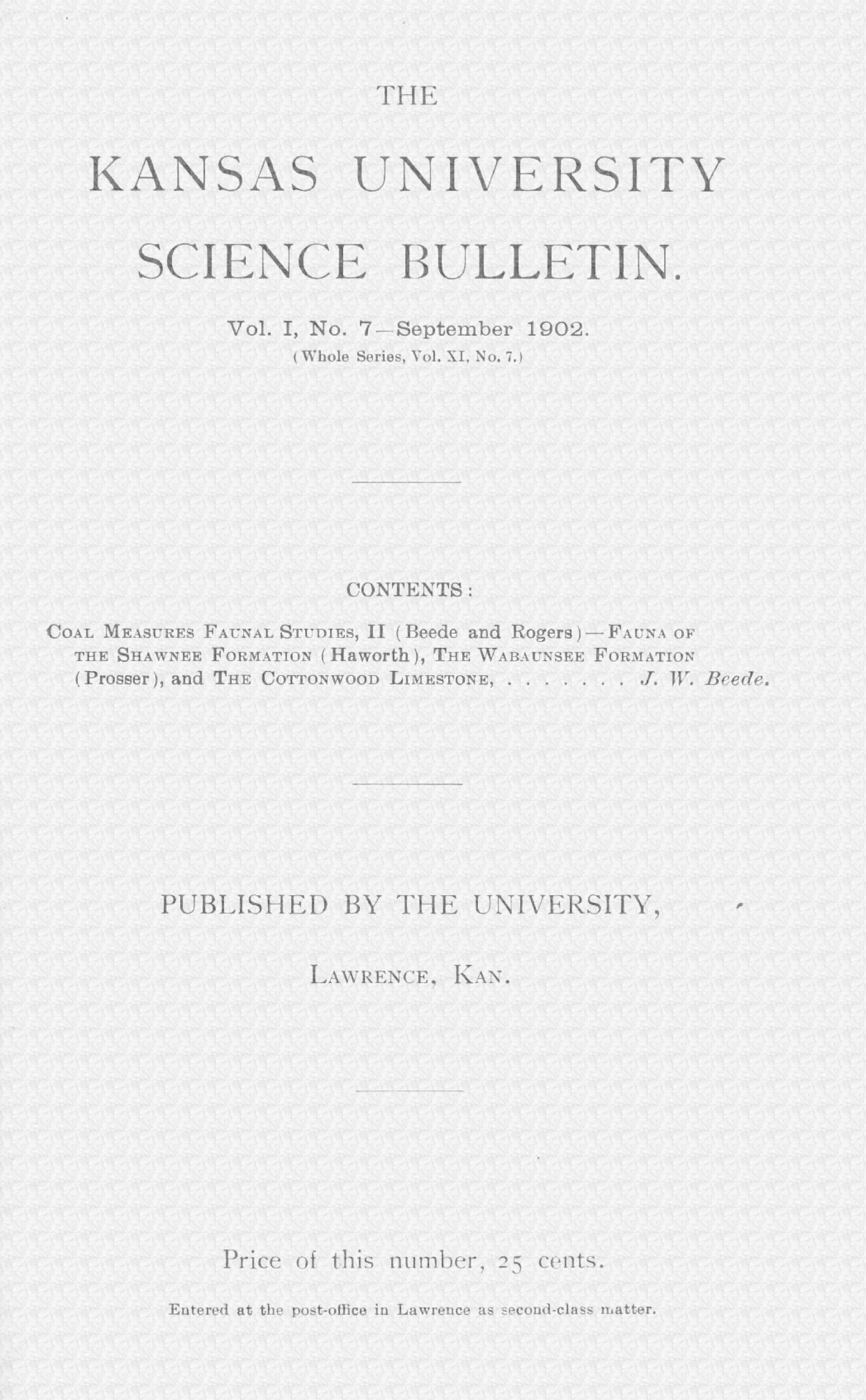 The Kansas University science bulletin, Vol. I, No. 7,  September 1902